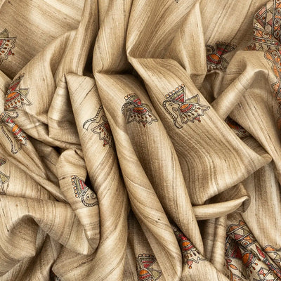 Taupe Handloom Tussar Silk Saree With Printed Red Floral Motifs