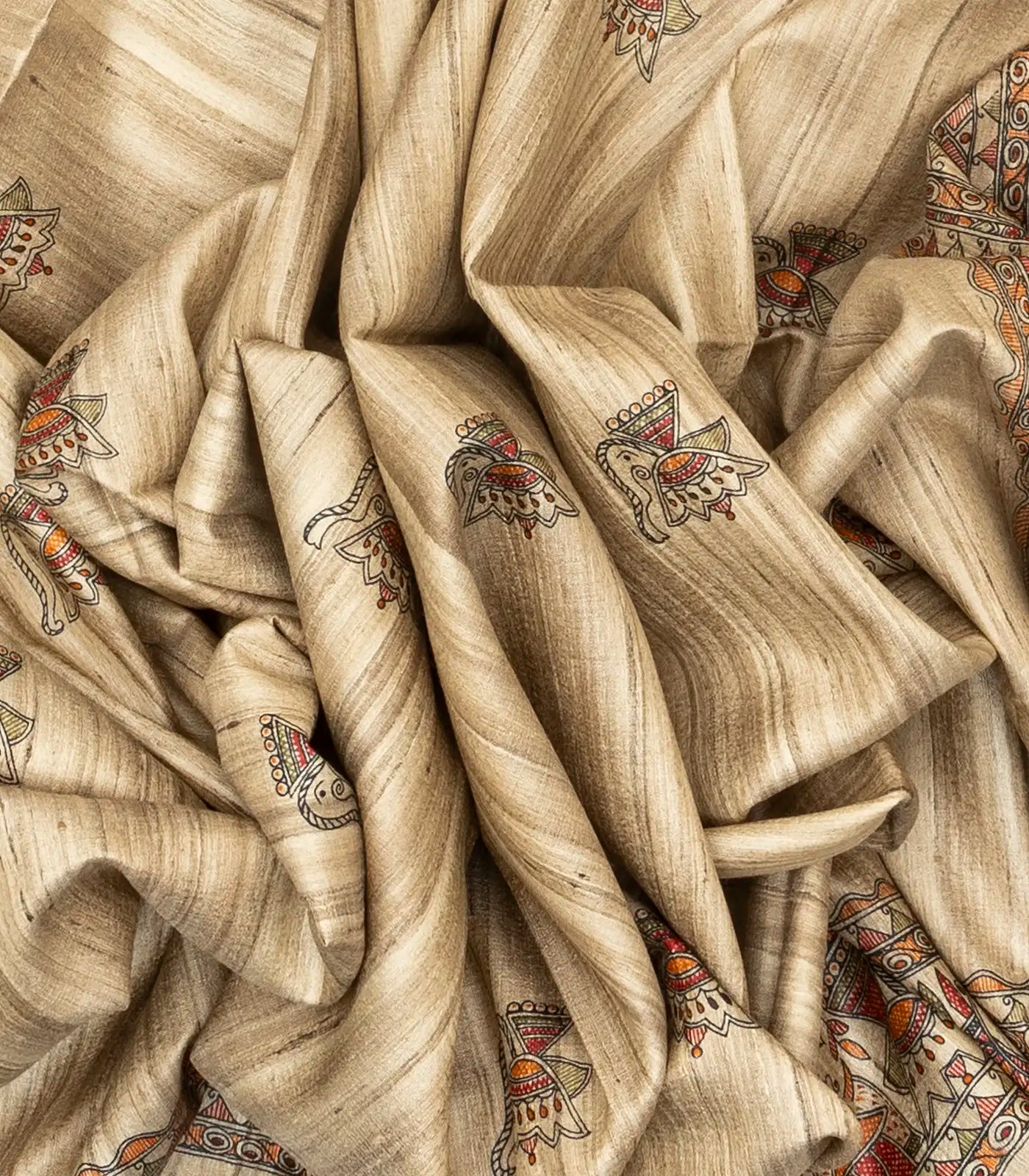 Taupe Handloom Tussar Silk Saree With Printed Red Floral Motifs