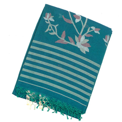 Cyan Handloom Bengal Cotton Saree With Temple Motifs