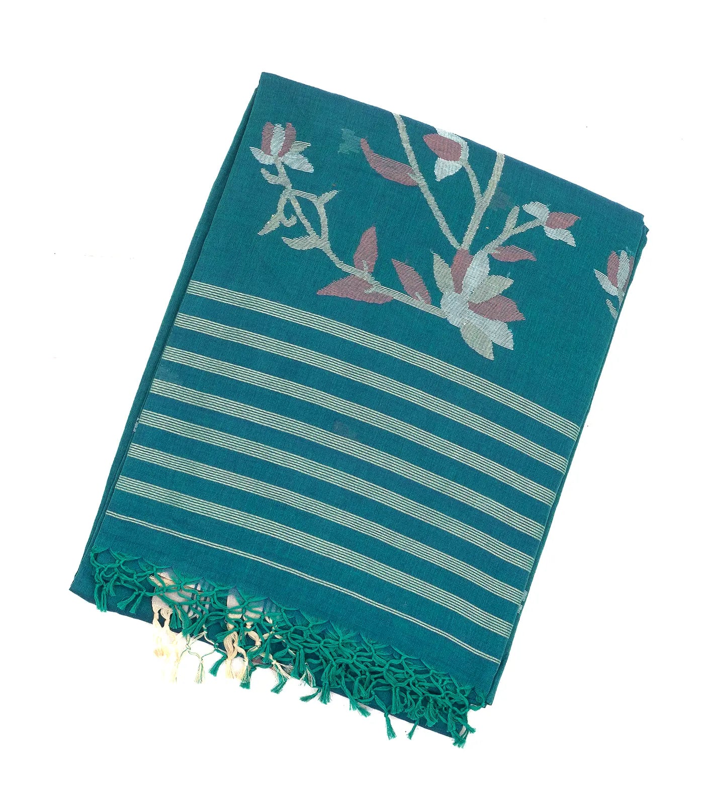 Cyan Handloom Bengal Cotton Saree With Temple Motifs