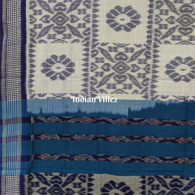 White Blue Computer Design Maniabandha Cotton Saree