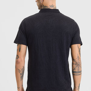 Black Self-Design Zipper Polo T-Shirt