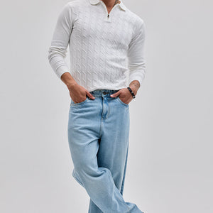 White Zipper Knitted Polo T-Shirt