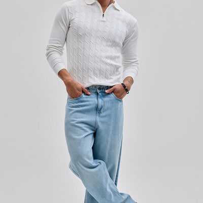 White Zipper Knitted Polo T-Shirt