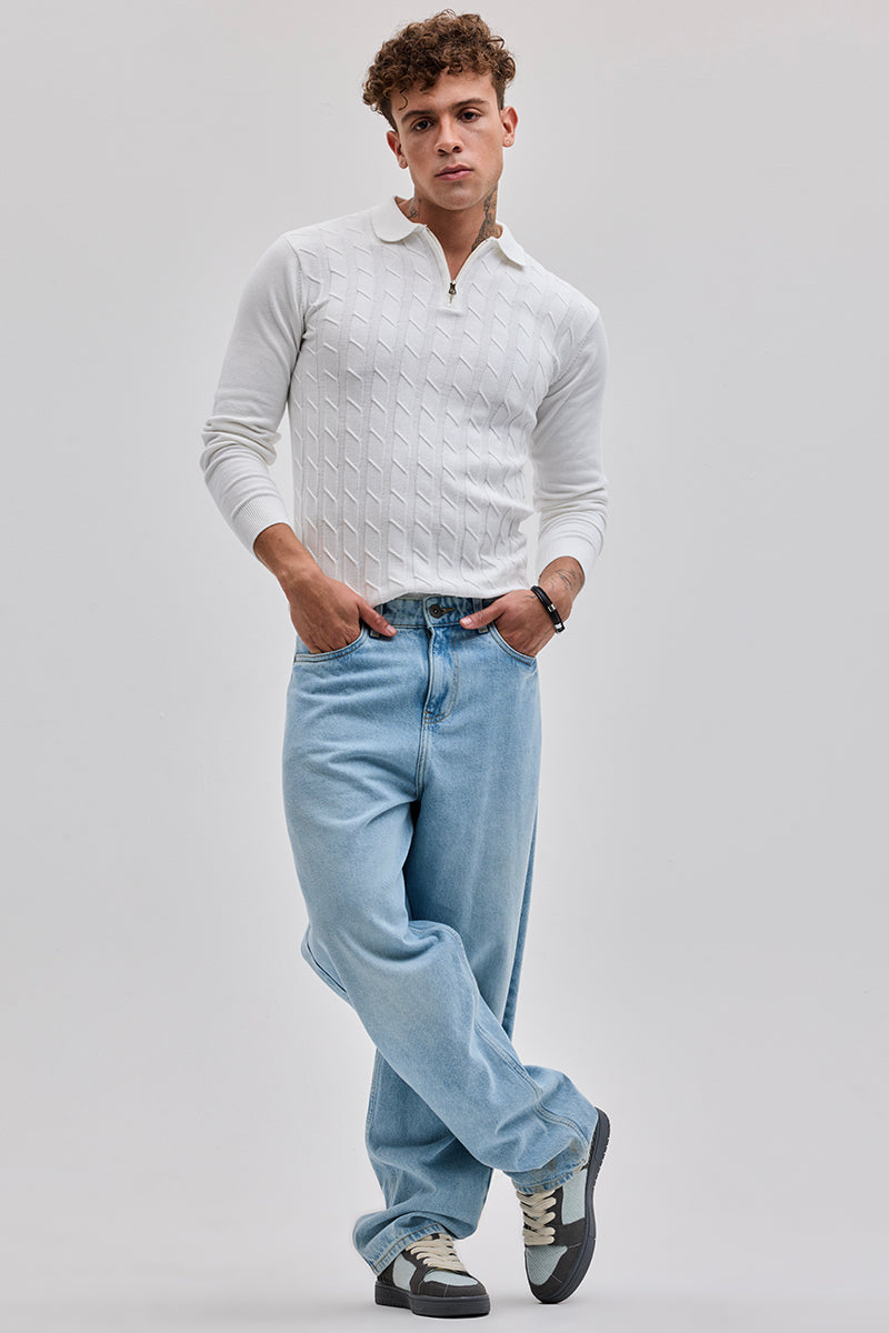White Zipper Knitted Polo T-Shirt