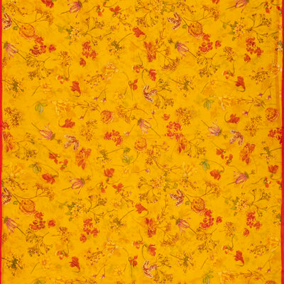 Mustard Woven Digital Printed Chiffon Silk Saree With Floral Motifs