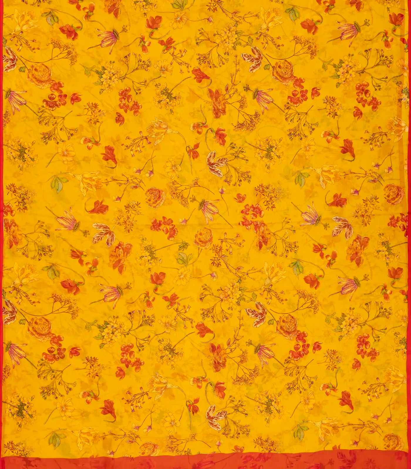 Mustard Woven Digital Printed Chiffon Silk Saree With Floral Motifs