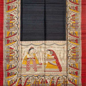 Black Handloom Tussar Silk Saree With Printed Wedding Motifs