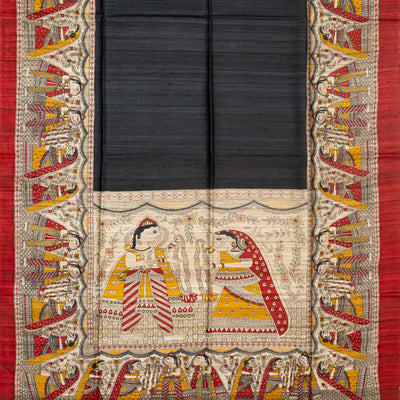 Black Handloom Tussar Silk Saree With Printed Wedding Motifs