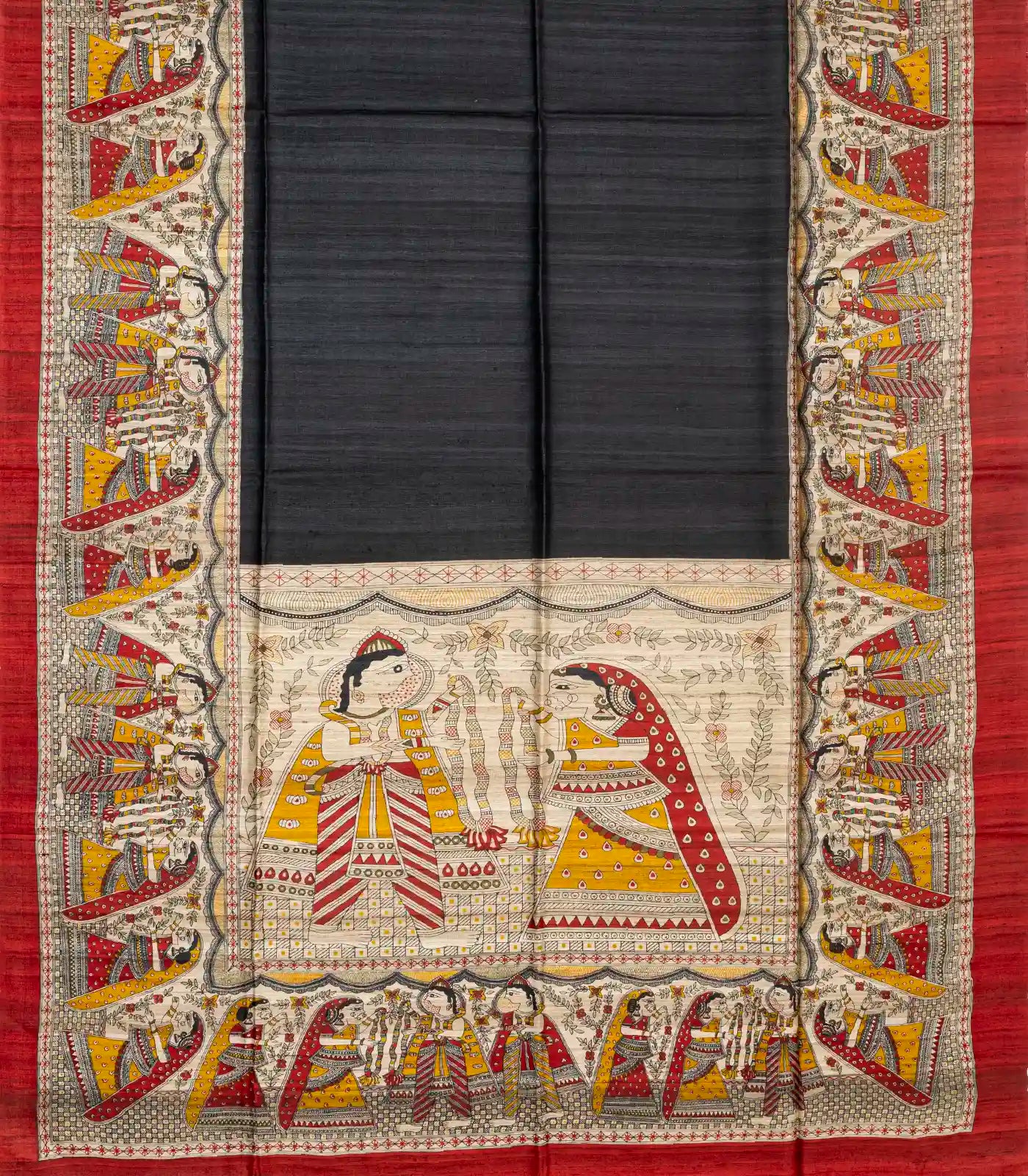 Black Handloom Tussar Silk Saree With Printed Wedding Motifs