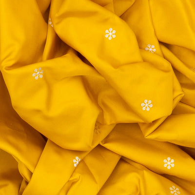 Mustard Handwoven Banarasi Silk Saree With Floral Motifs & Corner Buttas