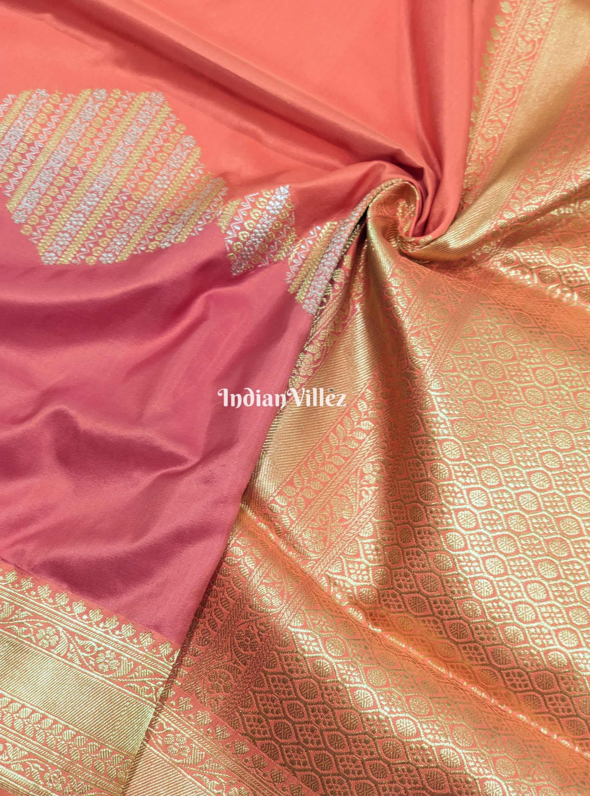 Peach Pink Rangkaat Banarasi Katan Silk Saree