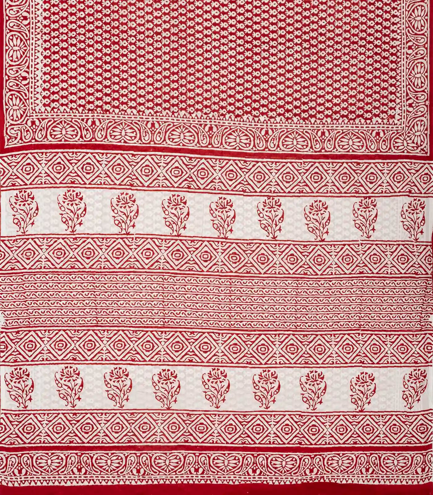 Red Woven Jaipur Cotton Saree Printed And White Floral Motifs