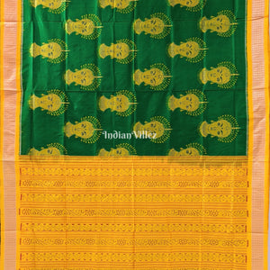 Green Yellow Nartaki Face Head Sambalpuri Ikat Silk Saree