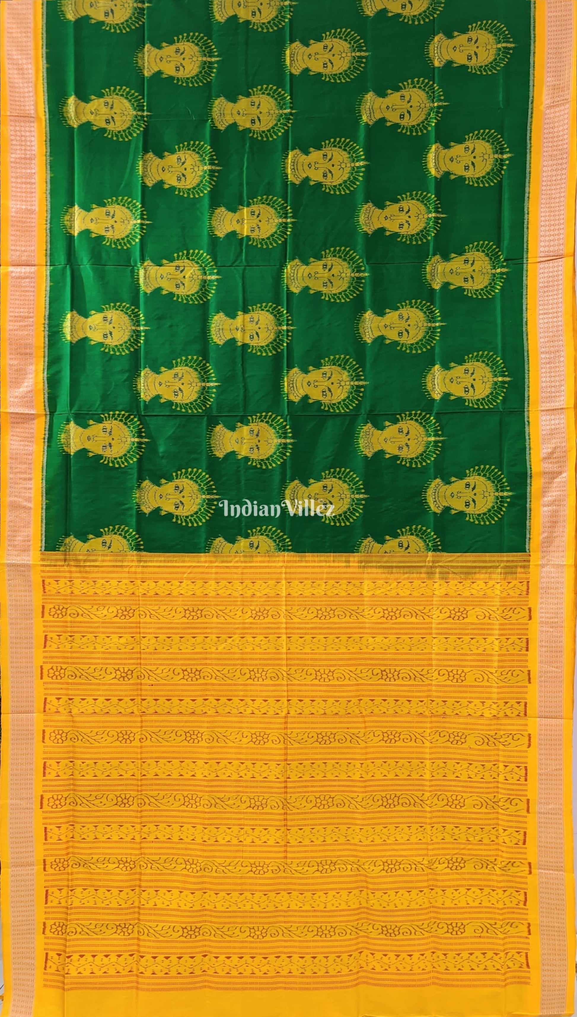 Green Yellow Nartaki Face Head Sambalpuri Ikat Silk Saree