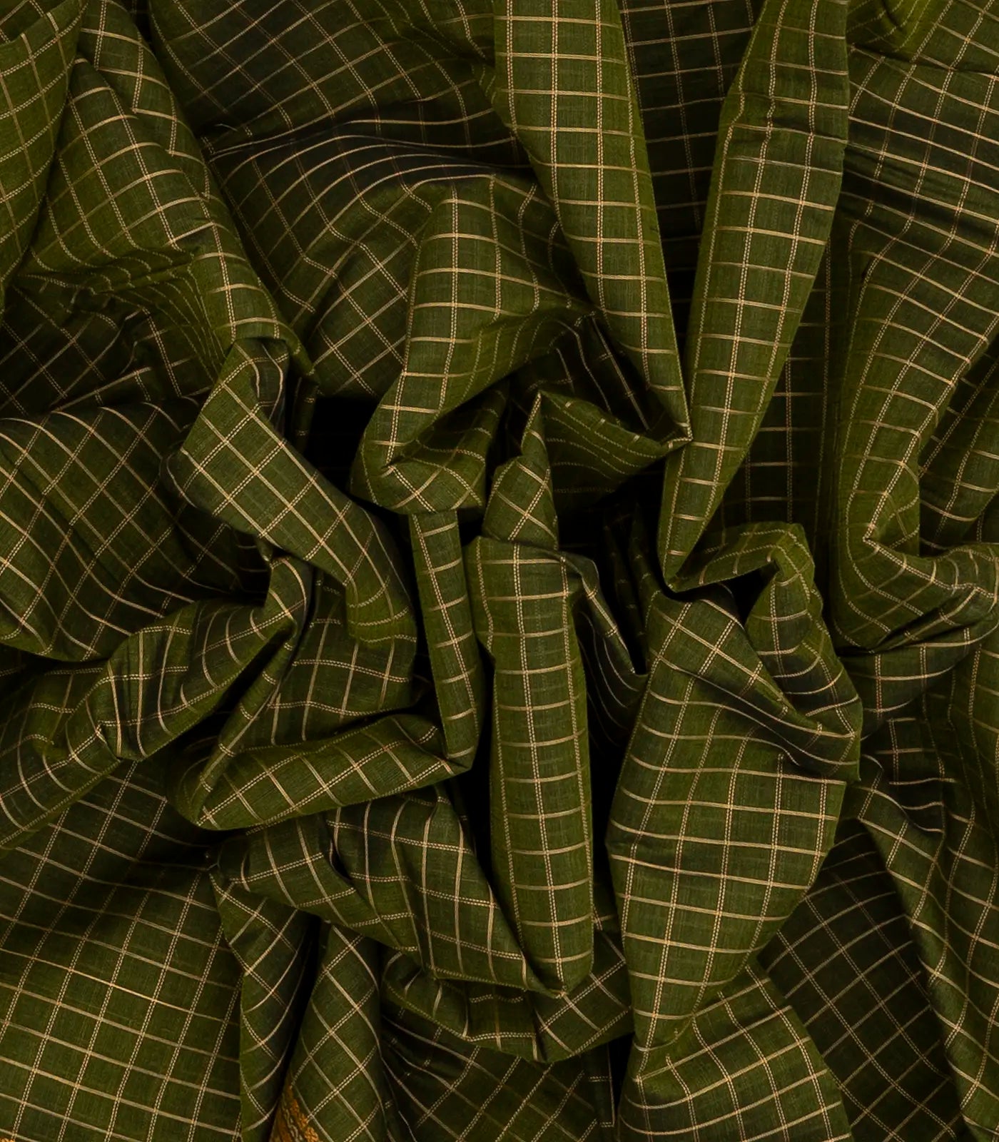 Dark Green Handloom Kanchi Cotton Saree With Checks