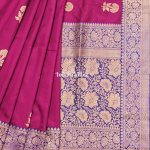 Maroon Blue with Flower Motif Banarasi Katan Silk Saree
