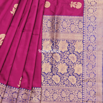 Maroon Blue with Flower Motif Banarasi Katan Silk Saree