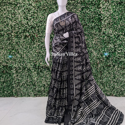 Black White Tribal Jhoti Contemporary Silk Saree with Nabakothi Anchal