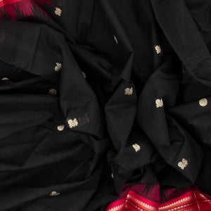 Black Handloom Korvai Kanchi Cotton Saree With Annam And Rudaksham Motifs in A Pink Border