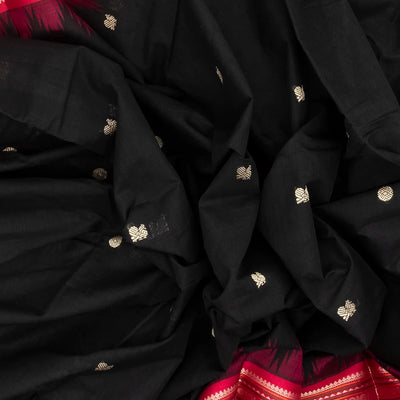Black Handloom Korvai Kanchi Cotton Saree With Annam And Rudaksham Motifs in A Pink Border