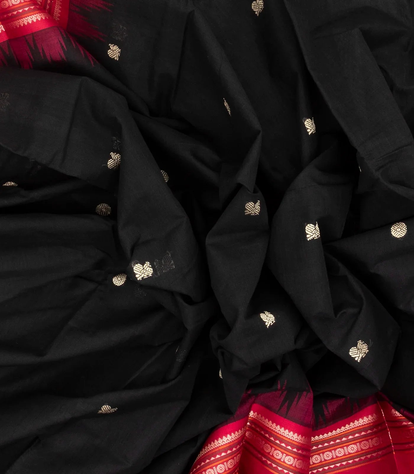 Black Handloom Korvai Kanchi Cotton Saree With Annam And Rudaksham Motifs in A Pink Border