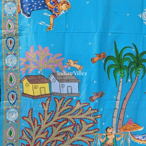 Sky Blue Mathura Vijay Theme Pattachitra Saree