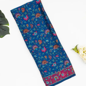 Blue Woven Digital Printed Satin Silk Saree With Floral Motifs