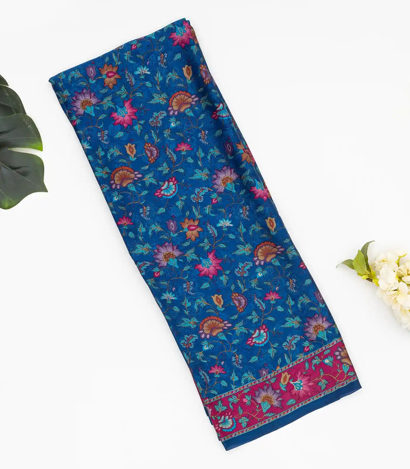 Blue Woven Digital Printed Satin Silk Saree With Floral Motifs