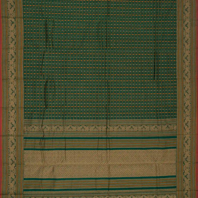 Dark Green Handloom Kanchi Cotton Saree With Checks & Chakaram Motifs.