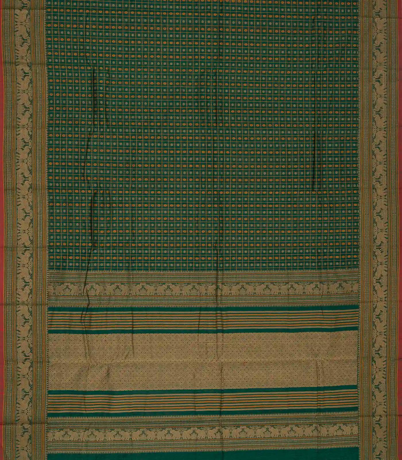 Dark Green Handloom Kanchi Cotton Saree With Checks & Chakaram Motifs.