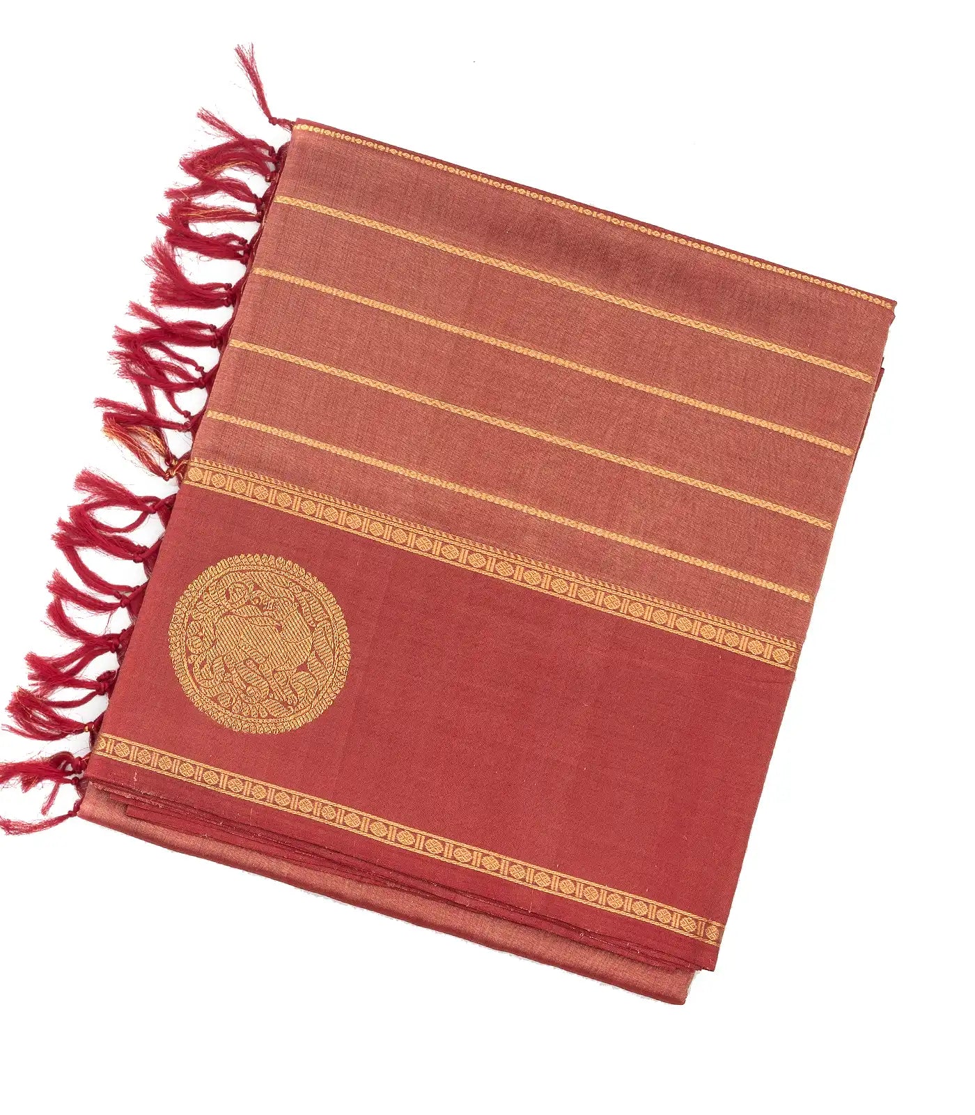 Peach Handloom Silk Cotton Saree With Zari Stripes