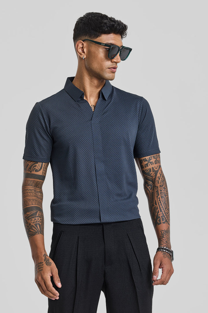 Greyish Blue Textured Polo T-Shirt