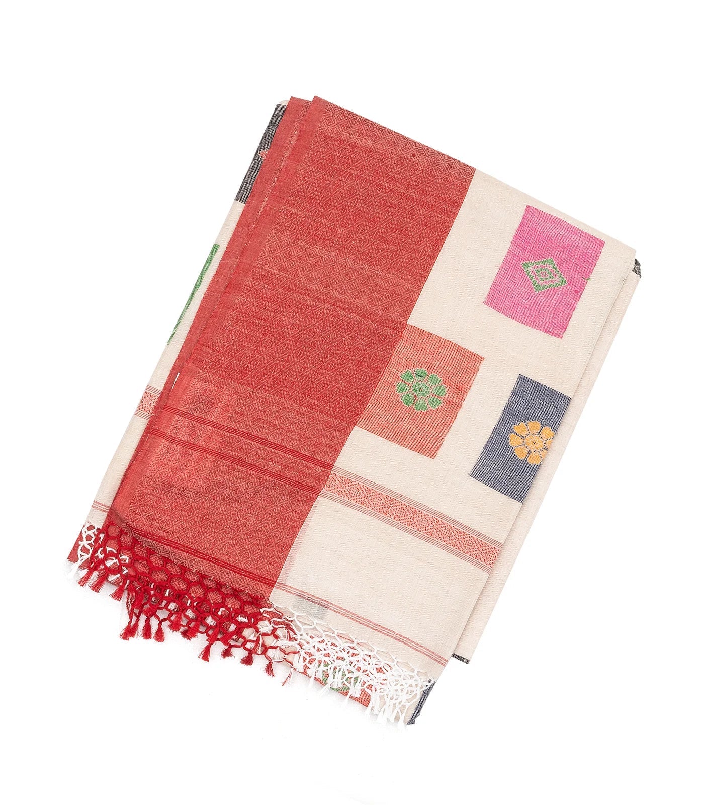 Off White Handloom Bengal Cotton Saree With Contrast Border