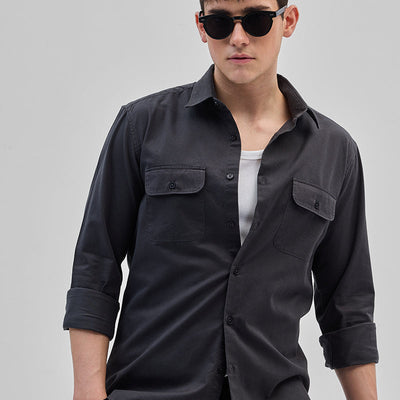 Charcoal Grey Solid Double Pocket Overshirt