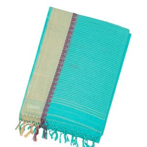 Turquoise Handloom Bengal Cotton Saree With Mango Buttas