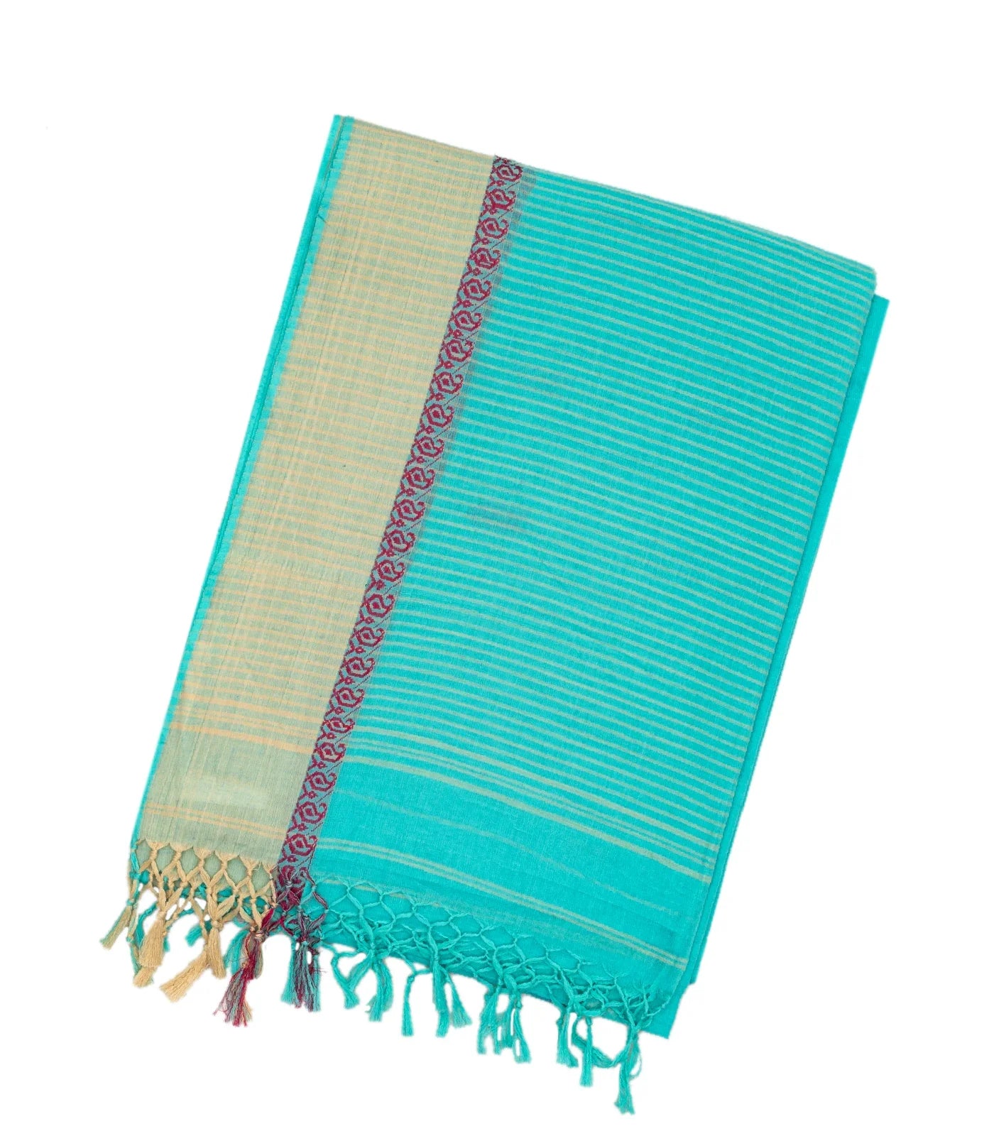 Turquoise Handloom Bengal Cotton Saree With Mango Buttas