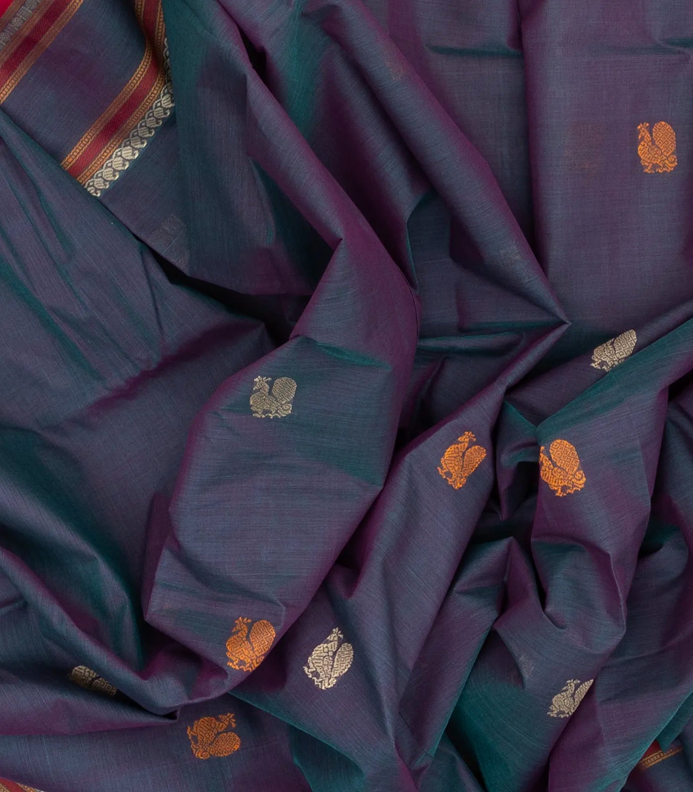 Grey Handloom Kanchi Cotton Saree With Annam Buttas