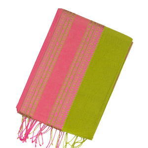 Light Green Handloom Bengal Cotton Saree With Pink Border