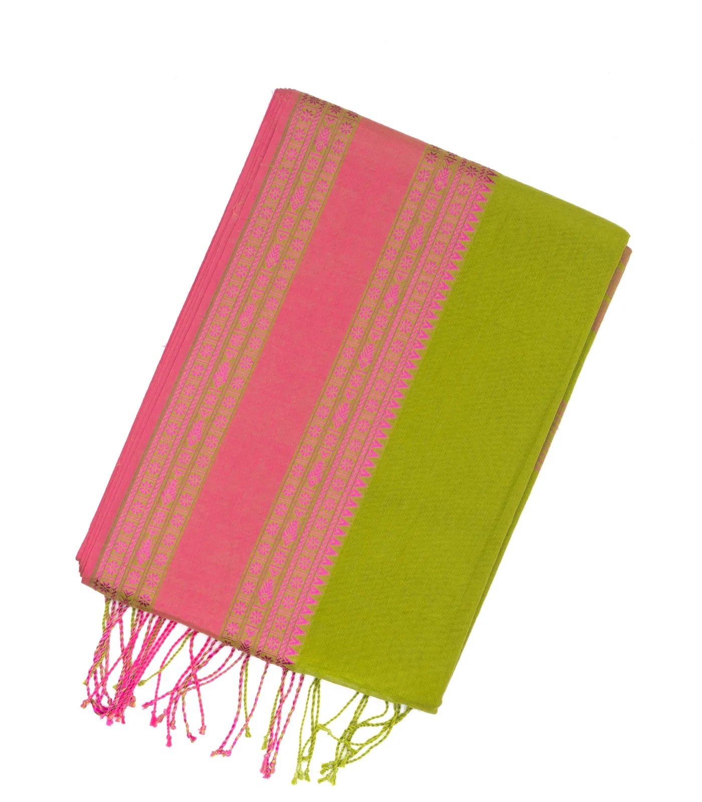 Light Green Handloom Bengal Cotton Saree With Pink Border