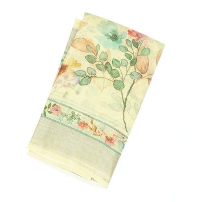 Light Yellow Handloom Linen Saree With Printed Floral Motifs