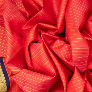 Red Handloom Kanchipuram Korvai Silk Saree With Zari Stripes