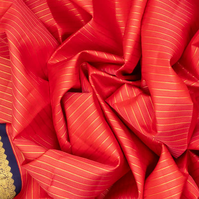 Red Handloom Kanchipuram Korvai Silk Saree With Zari Stripes