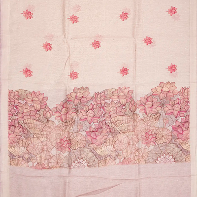 Baby Pink Handwoven Linen Saree With Floral Print