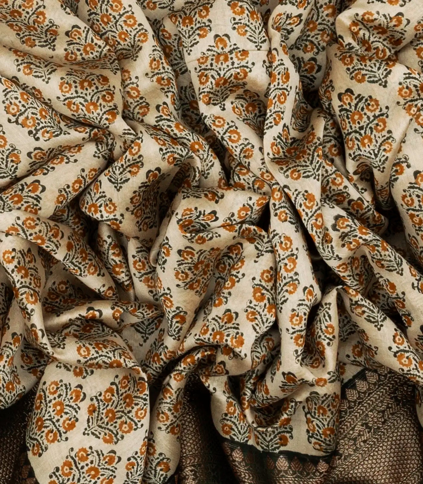 Taupe Woven Chanderi Printed Cotton Saree With Contrast Border