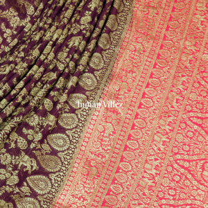 Wine Banarasi Georgette Shikargah Saree