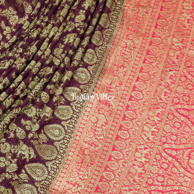Wine Banarasi Georgette Shikargah Saree