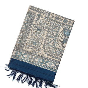 Taupe Handwoven Tussar Silk Saree With Blue Printed Wedding Motifs