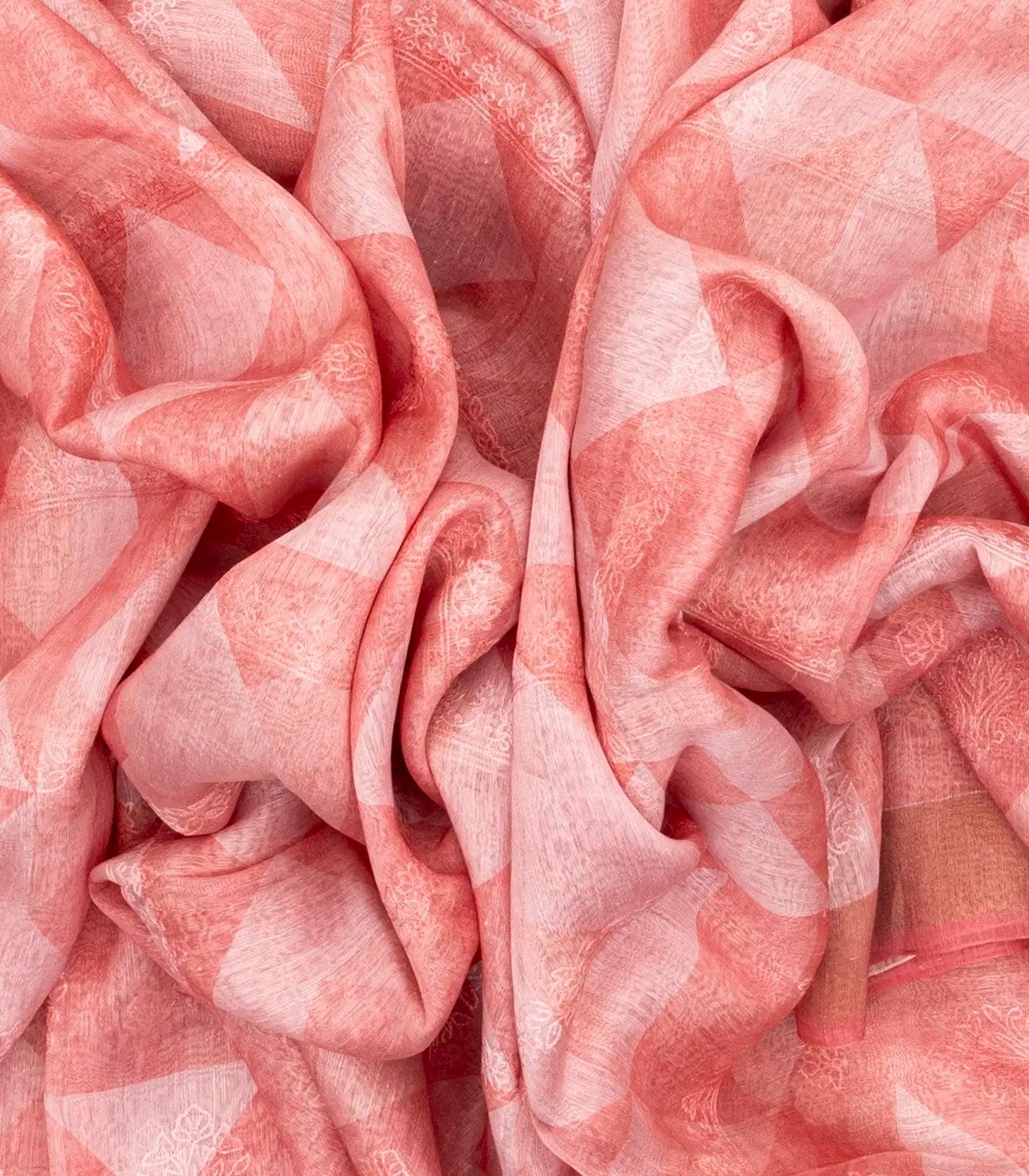 Peach Handwoven Linen Saree Printed With Geometric Motifs