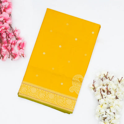 Mustard Handwoven Banarasi Silk Saree With Floral Motifs & Corner Buttas